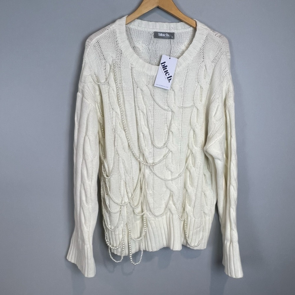 Blue B Ivory Cableknit Sweater with Pearl Beads Womens Size Medium NWT